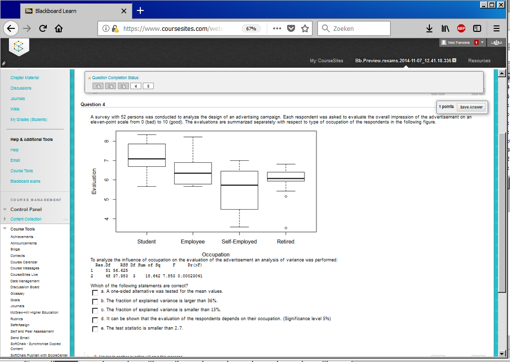 Display of exercise 4 (anova) in the administration of _blackboard-test_ in Blackboard (as rendered by Firefox).