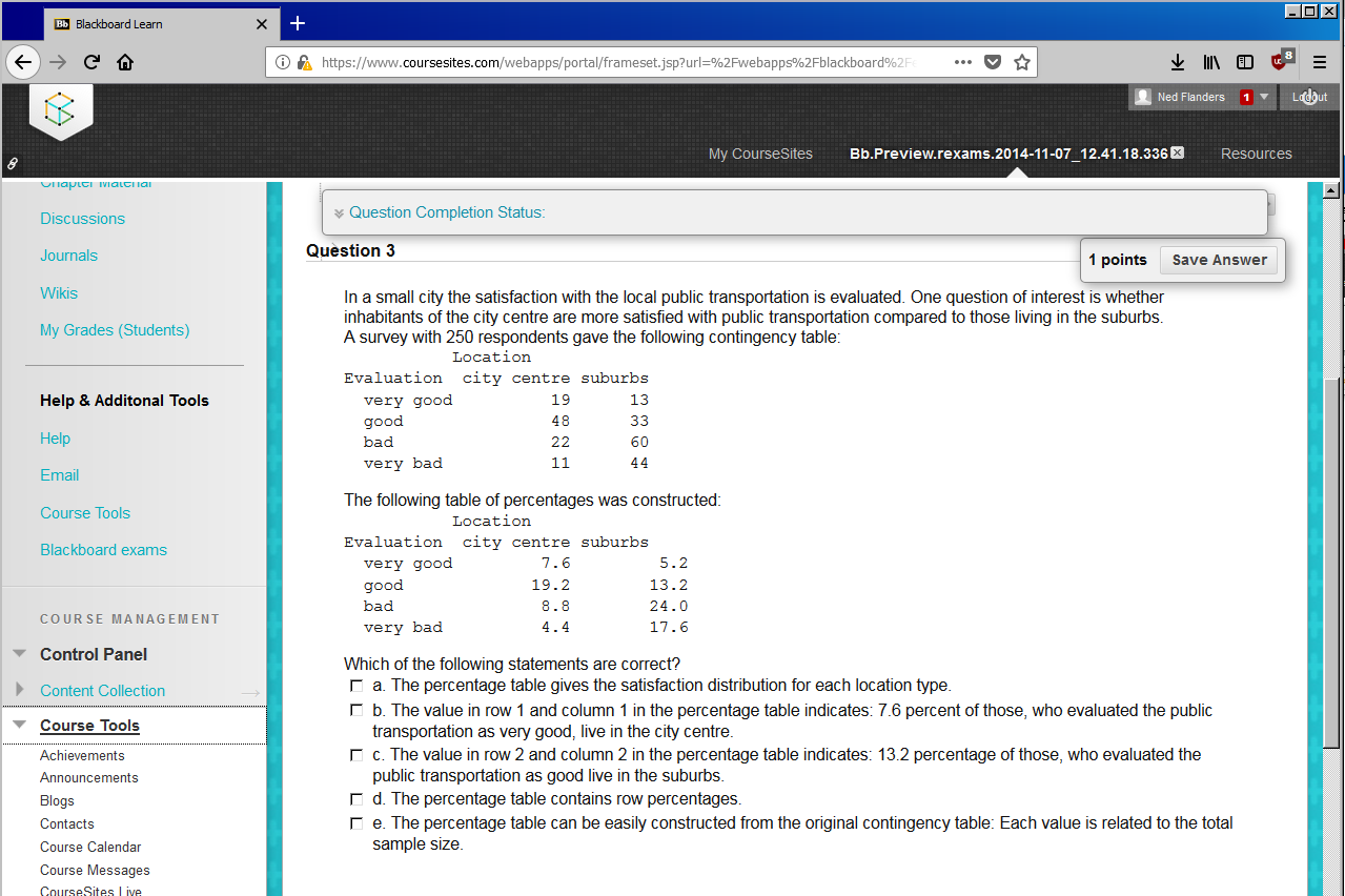 Display of a Blackboard exercise (as rendered by Firefox).