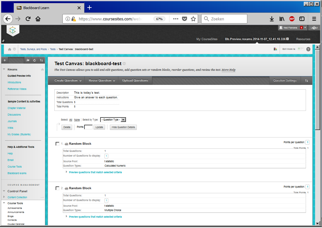 Display of the exercises of _blackboard-test_ (as rendered by Firefox).
