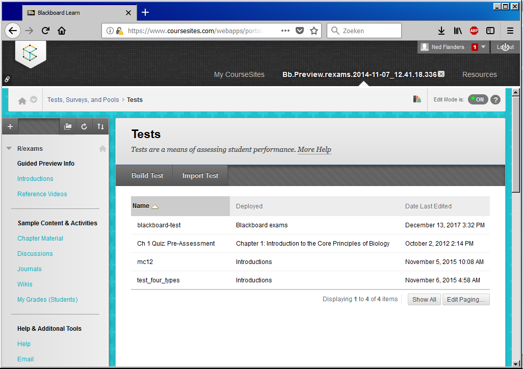 Display of the exams available in the Tests menu (as rendered by Firefox).