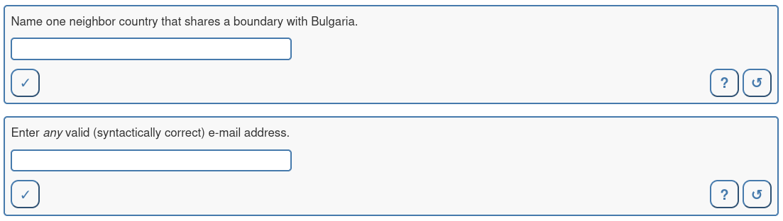 Screenshot of an R/exams webquiz with the regular expression exercises geography2.Rmd and email.Rmd